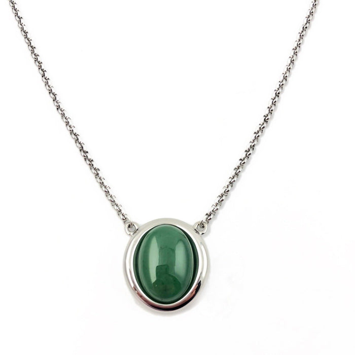 Stainless steel Jade pendant with an oval green jade set in a silver bezel on a matching chain