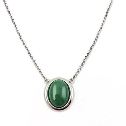 Stainless steel Jade pendant with an oval green jade set in a silver bezel on a matching chain