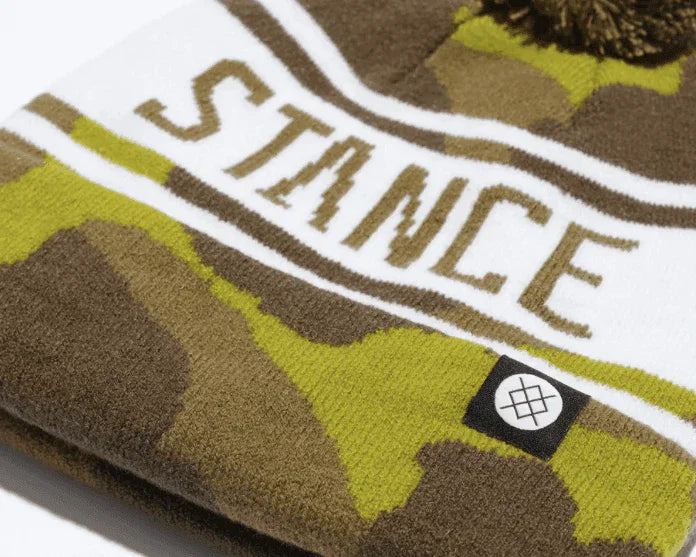Stance camo beanie with pom, olive and brown pattern, surf clothing accessory