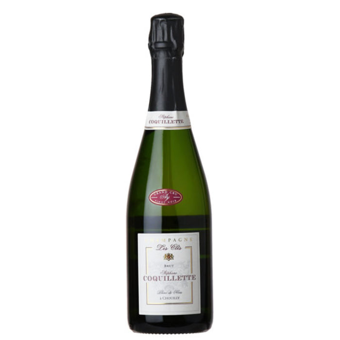 Wine bottle with black foil top and green glass, front label for Stephane Coquillette.