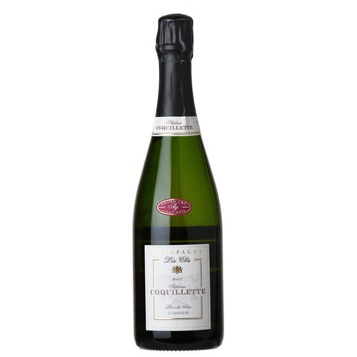 Wine bottle with black foil top and green glass, front label for Stephane Coquillette.