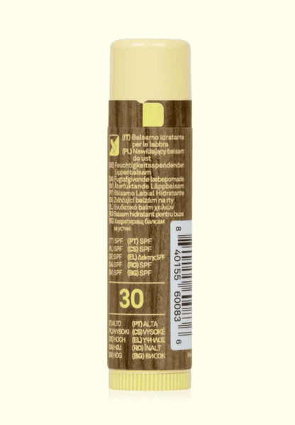 Sun Bum Banana SPF 30 Sunscreen Lip Balm in brown tube with yellow cap and multilingual label