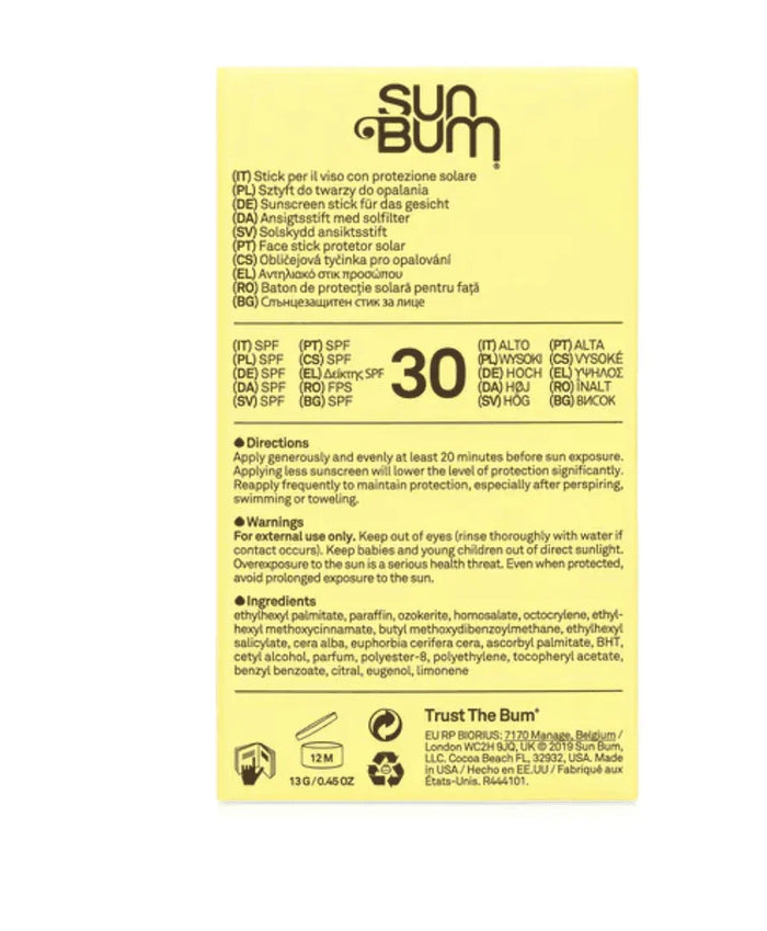 Sun Bum Original SPF 30 Sunscreen Face Stick yellow box with directions and ingredients visible