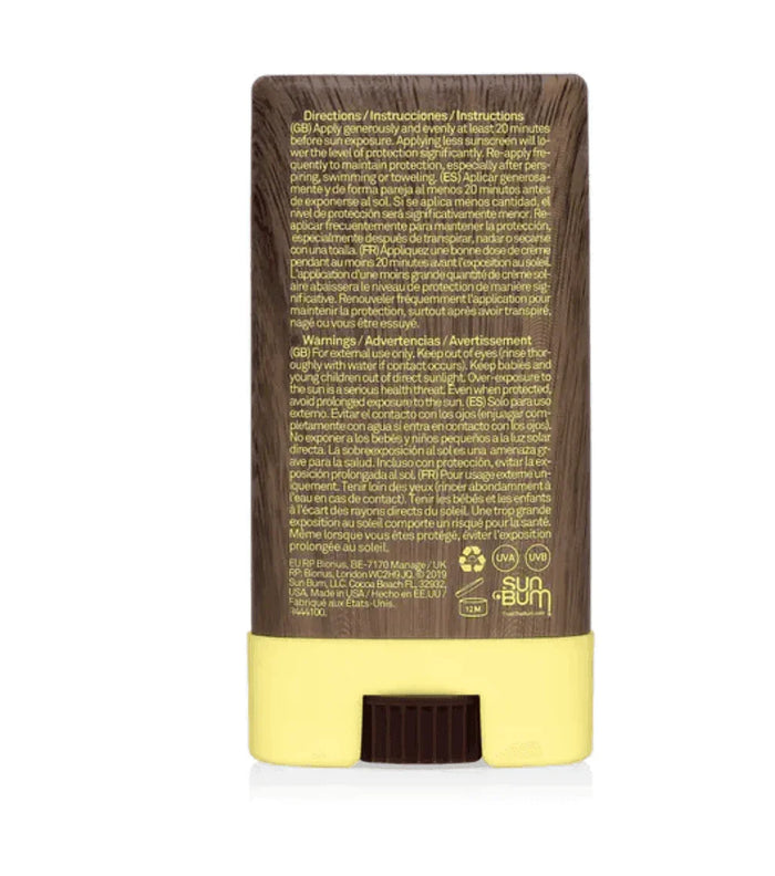 Back view of Sun Bum Original SPF 30 Sunscreen Face Stick with brown and yellow packaging