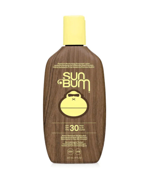 Sun Bum Original SPF 30 Sunscreen Lotion bottle with yellow cap and brown packaging