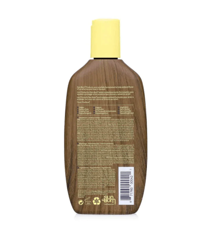 Back view of Sun Bum Original SPF 30 Sunscreen Lotion bottle with yellow cap and brown label