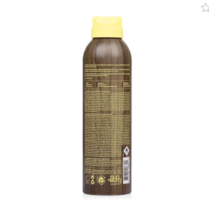 Sun Bum Original SPF 30 Sunscreen Spray with yellow cap and brown label, back view