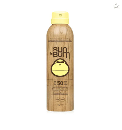 Sun Bum Original SPF 50 Sunscreen Spray can with yellow cap on white background