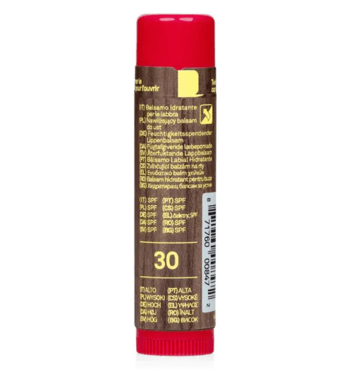 Sun Bum Original SPF 30 Sunscreen Lip Balm Watermelon, brown tube with red cap, back view.