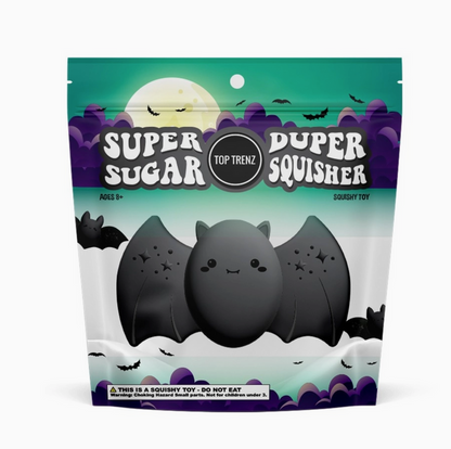 Super Sugar Duper Squisher toy packaging with a bat design on a teal background