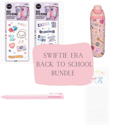Back to school bundle with pink stationery items on a white background