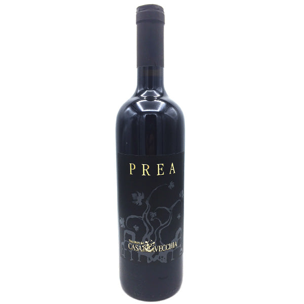 Red wine bottle with dark label reading PREA and Casavecchia