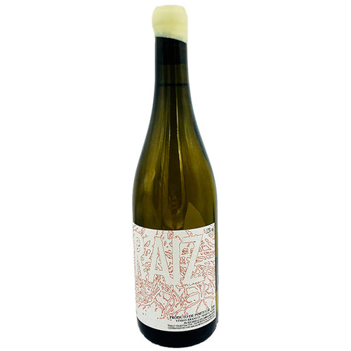 White wine bottle with pale green wax cap and red-and-white front label