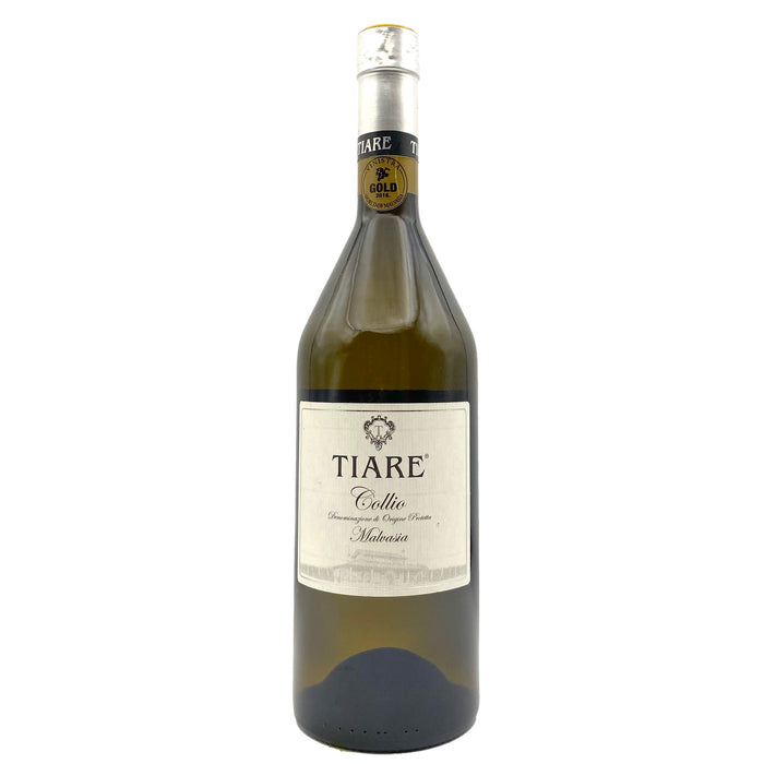 Tiare Malvasia 2015 wine bottle with cream label and gold foil neck