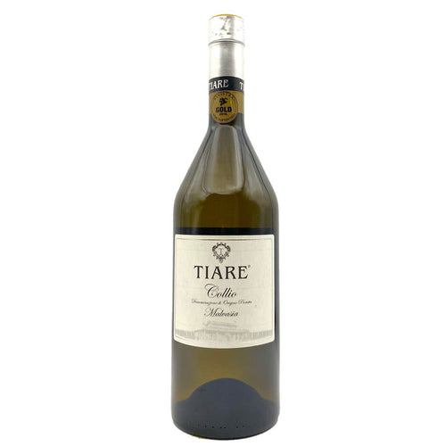 Tiare Malvasia 2015 wine bottle with cream label and gold foil neck