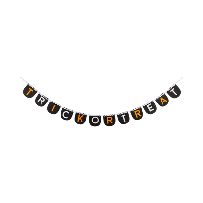 Halloween-themed 'TRICK OR TREAT' banner on a white background