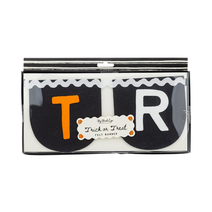 Halloween-themed felt banner with letters 'T' and 'R' in packaging on a white background