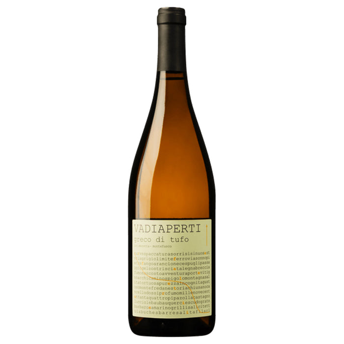 Vadiaperti Greco di Tufo wine bottle, 2023, amber label on dark glass