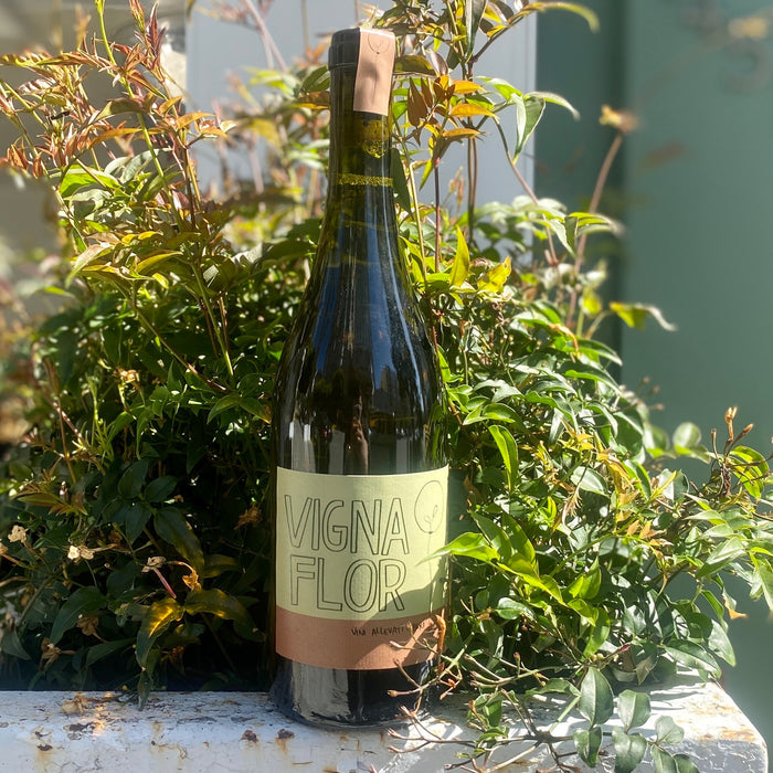 Dark green glass wine bottle with kraft label reading VIGNA FLOR