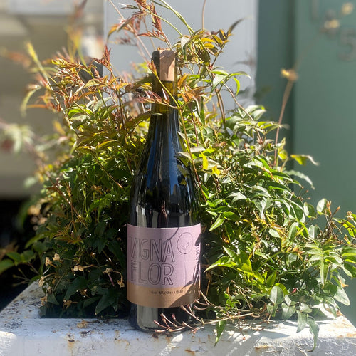 2021 red wine bottle with dark glass and pink label
