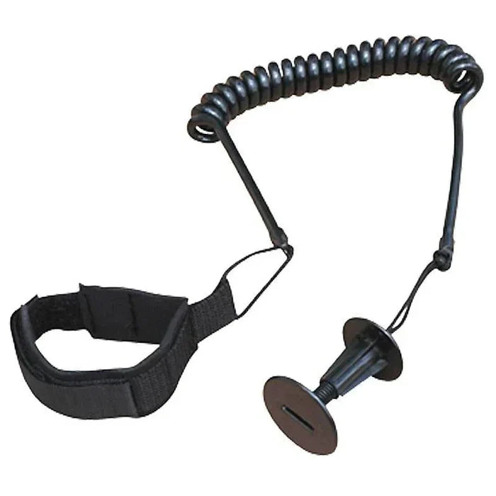 Black coiled surfboard leash with ankle strap and plug