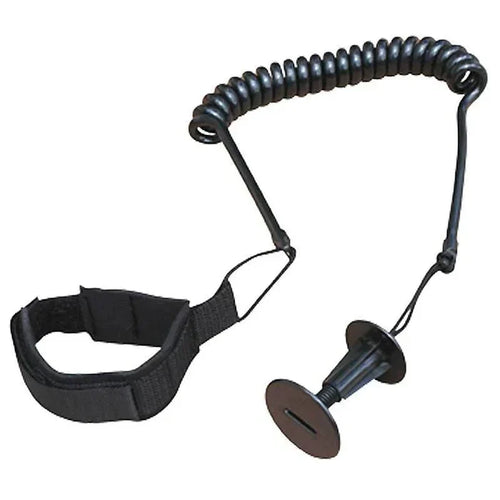 Black coiled surfboard leash with ankle strap and plug
