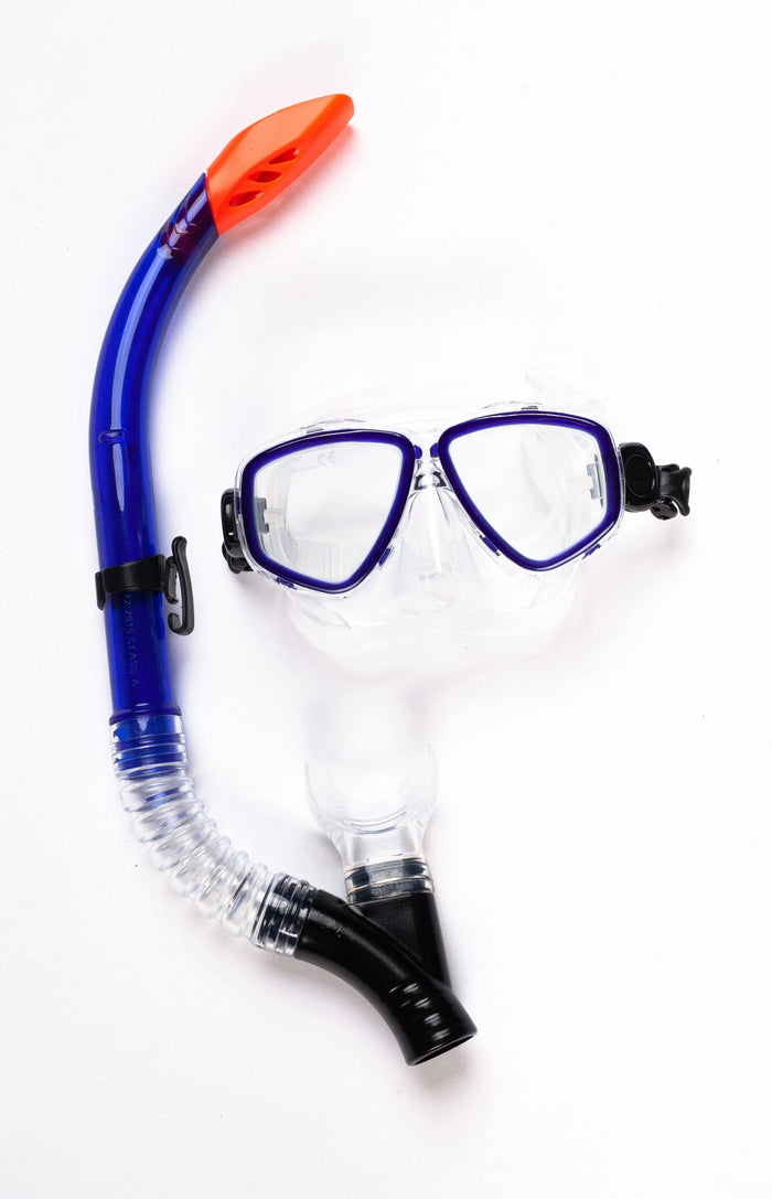 Vision Dive adult silicone mask and snorkel set with blue and orange accents