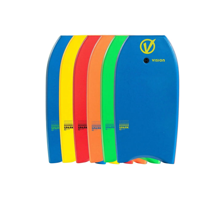 Vision Spark 42 bodyboards in blue, yellow, red, orange, green for watersports