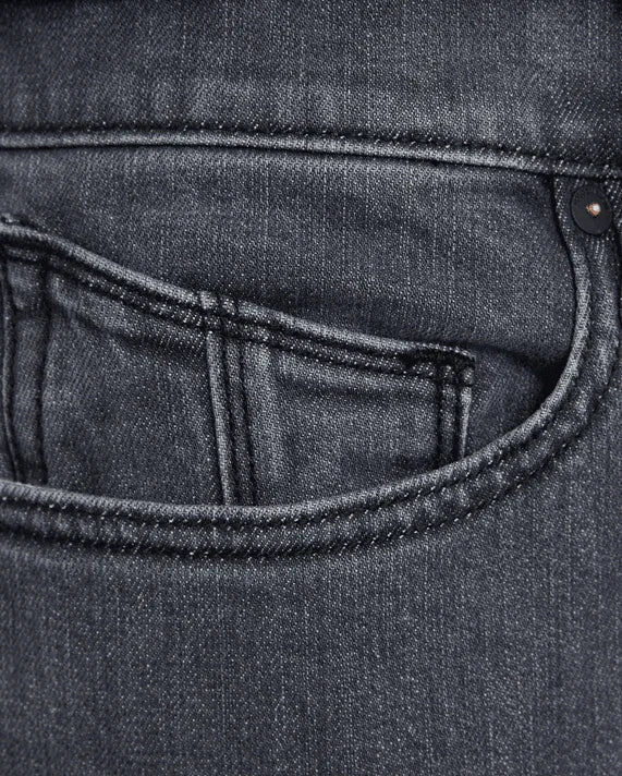 Dark gray denim jeans pocket with detailed stitching and button accent