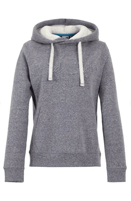 Grey Billabong hoodie with white drawstrings and embroidered logo, ideal for watersports and casual wear.