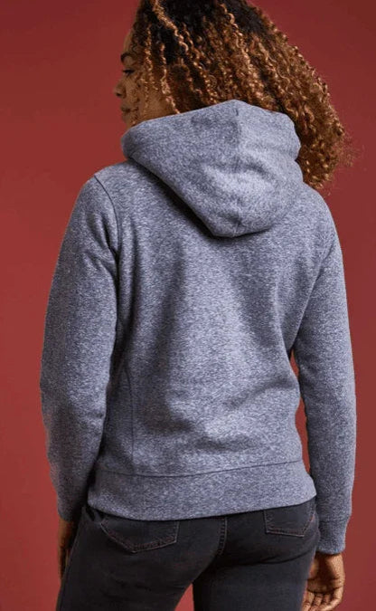 Gray hoodie with hood, back view, casual watersports apparel