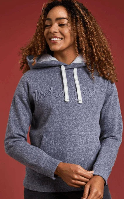 Grey hoodie with white drawstrings, featuring 'Rip Curl' logo, ideal for watersports and casual wear.