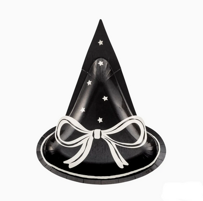 Black witch hat with a white bow and stars on a white background