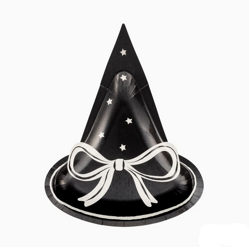 Black witch hat with a white bow and stars on a white background