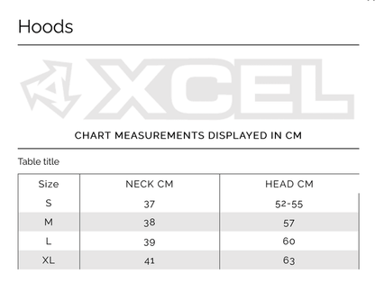 Xcel Axis wetsuit hood 2mm size chart showing neck and head measurements in cm