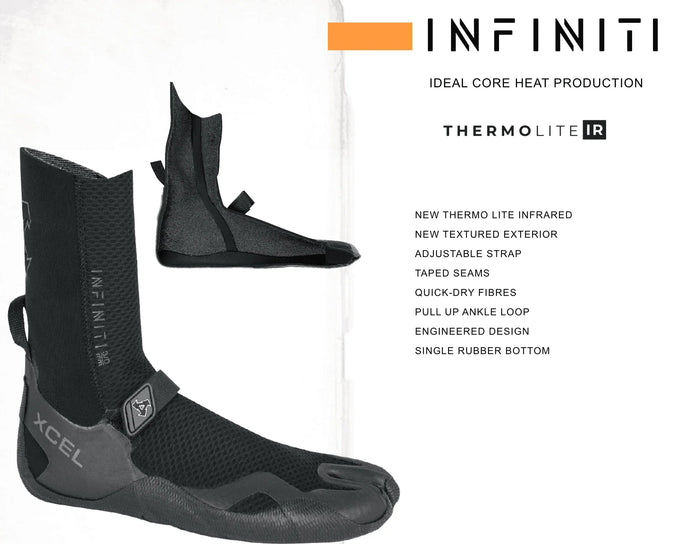 Xcel Infiniti 3mm wetsuit boots with ThermoLite IR, black, adjustable strap, quick-dry fibres