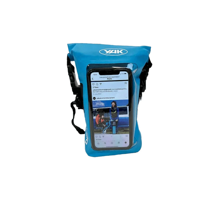 YAK blue waterproof phone pouch for watersports, featuring clear front and secure straps