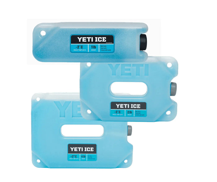 YETI ICE freezer packs in three sizes, blue blocks labeled YETI ICE for coolers